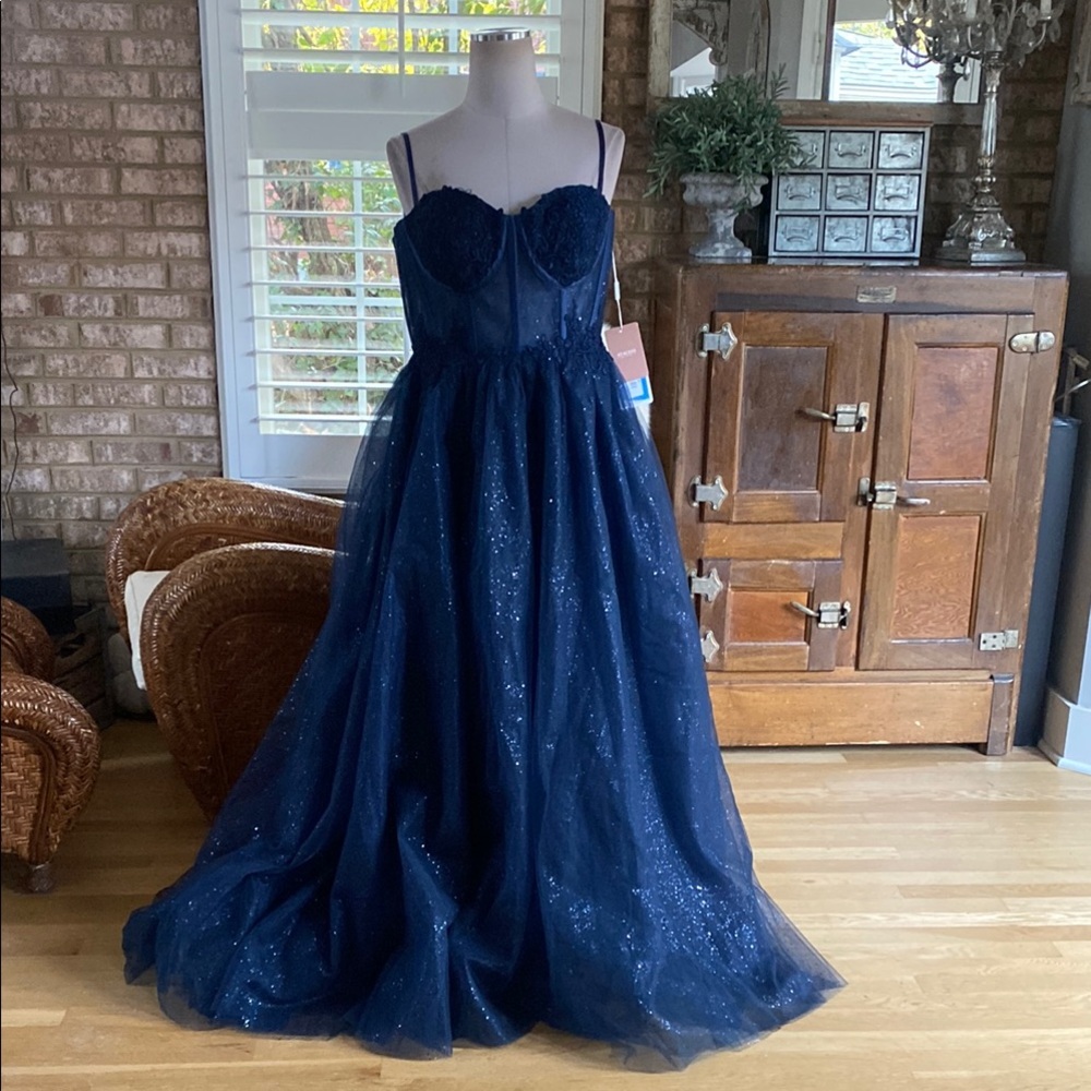 STACEES DARK NAVY BUSTIER SPAGHETTI STRAP BALLGOWN SPARKLY DRESS PROM 8 - 10 *